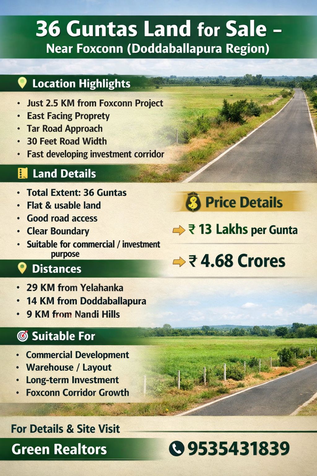 🆔 *PROPERTY ID – 5669* 🌿 *36 Guntas Land for Sale – Near Foxconn (Doddaballapura Region)*